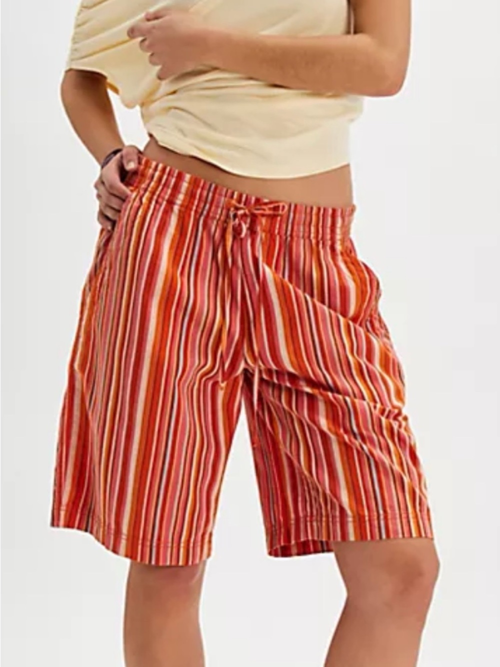 Free People Saylor Poplin Orange Multi-Striped Drawstring Bermudas